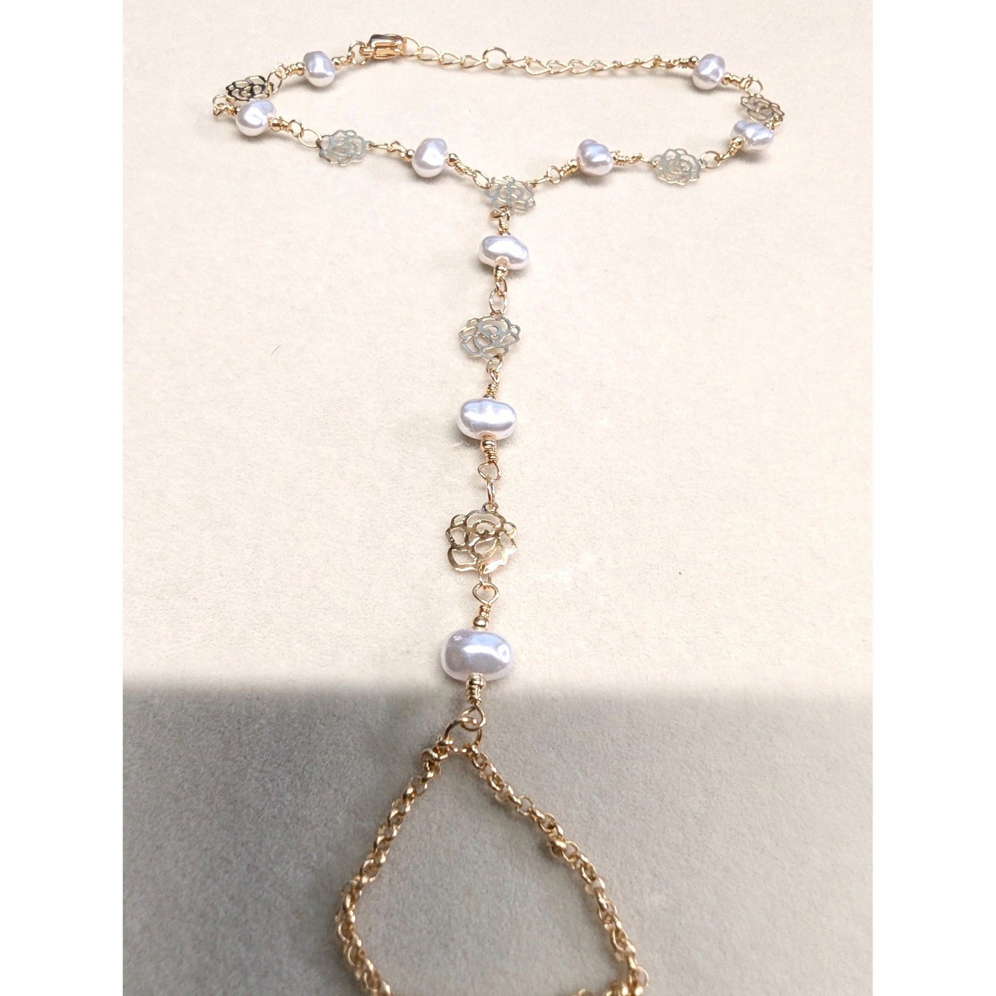 New Hand Slave Bracelet Ring 14K GP Gold PLated Faux Pearl Rose Filigree Boho