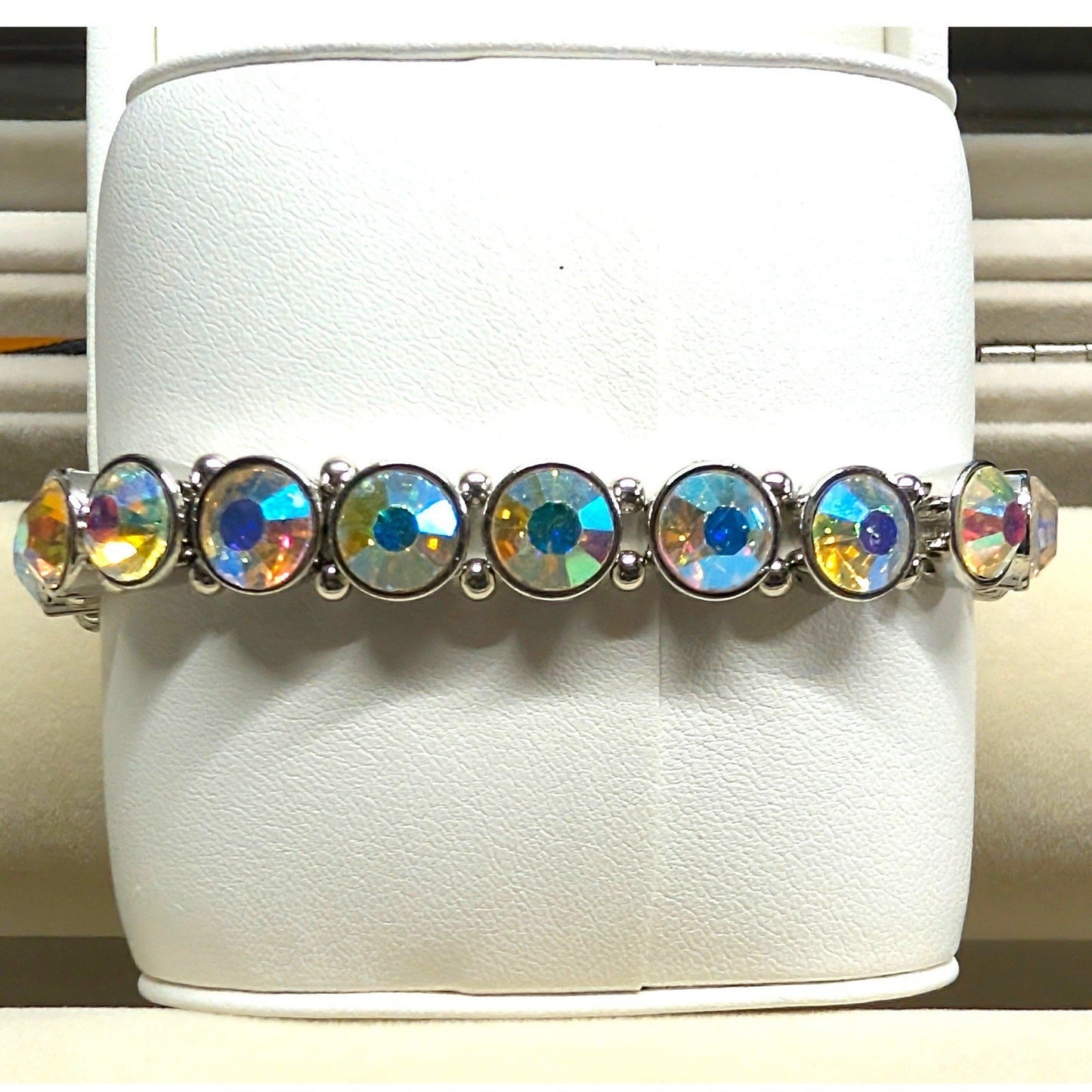 New Aurora Borealis Crystal Stretch Bracelet Silver Tone Iridescent AB Wedding