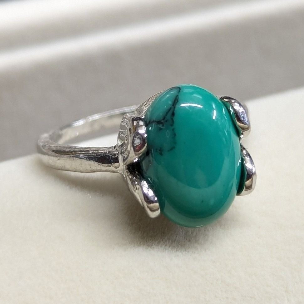 New Oval Faux Turquoise Stone Ring Plus Size 9 Silver Tone Western Band Cowgirl