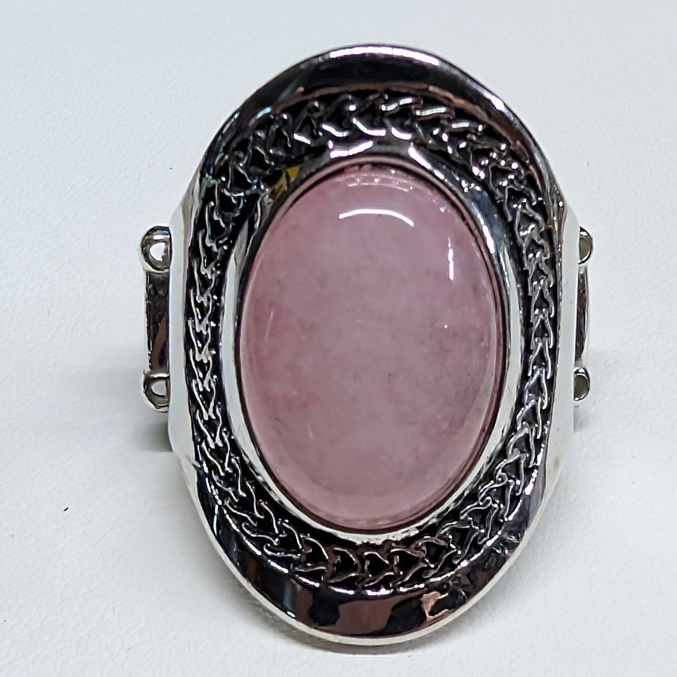 New Pink Stone Stretch Ring Pink Silver Tone Cold Oval Cabochon Statement Ornate