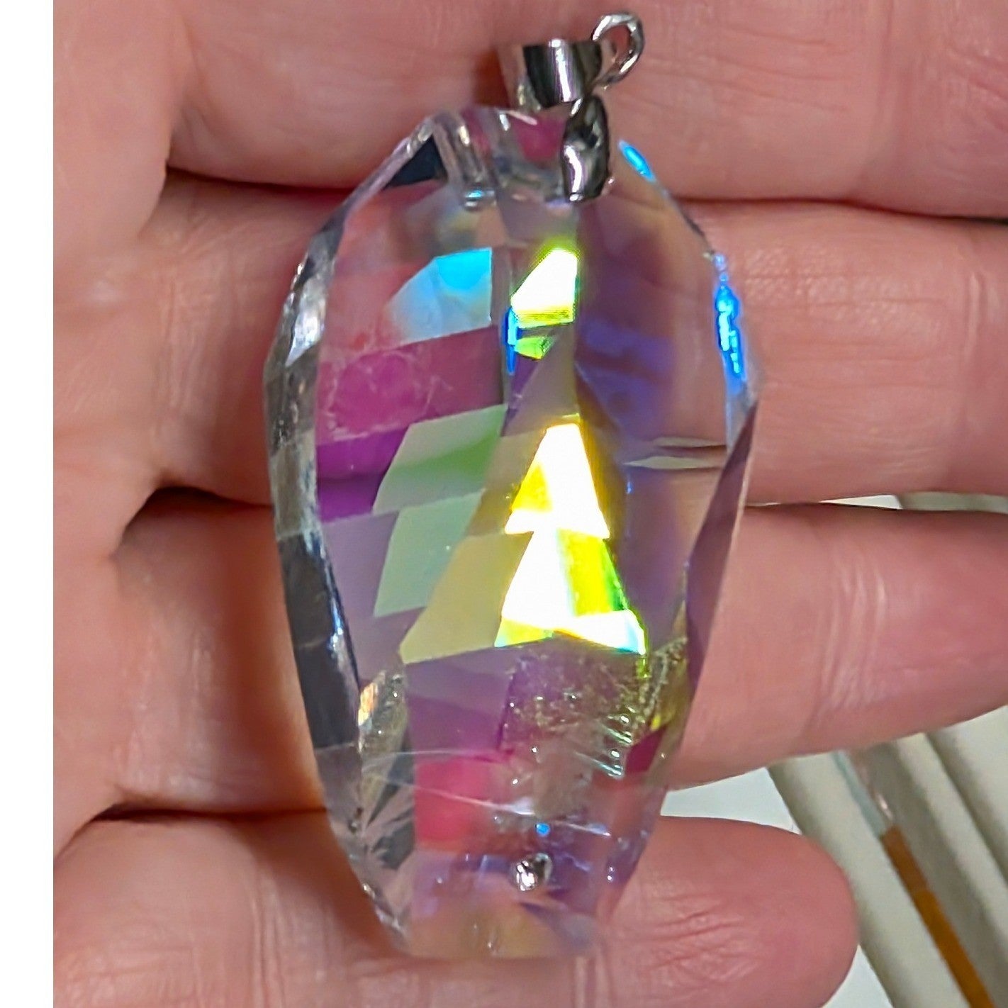 New 2+" Crystal Aurora Borealis Pendant AB Iridescent Large Faceted Silvertone