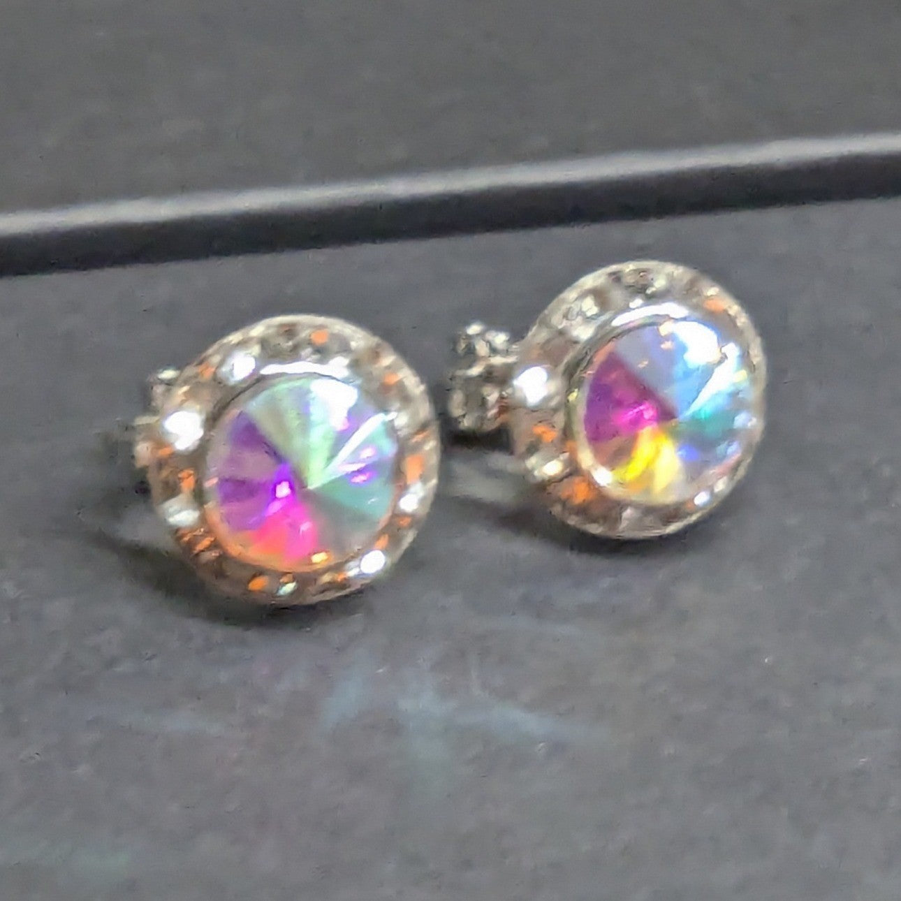 New Clip On Earrings Silver PLated Aurora Borealis AB Crystal Halo Round Wedding