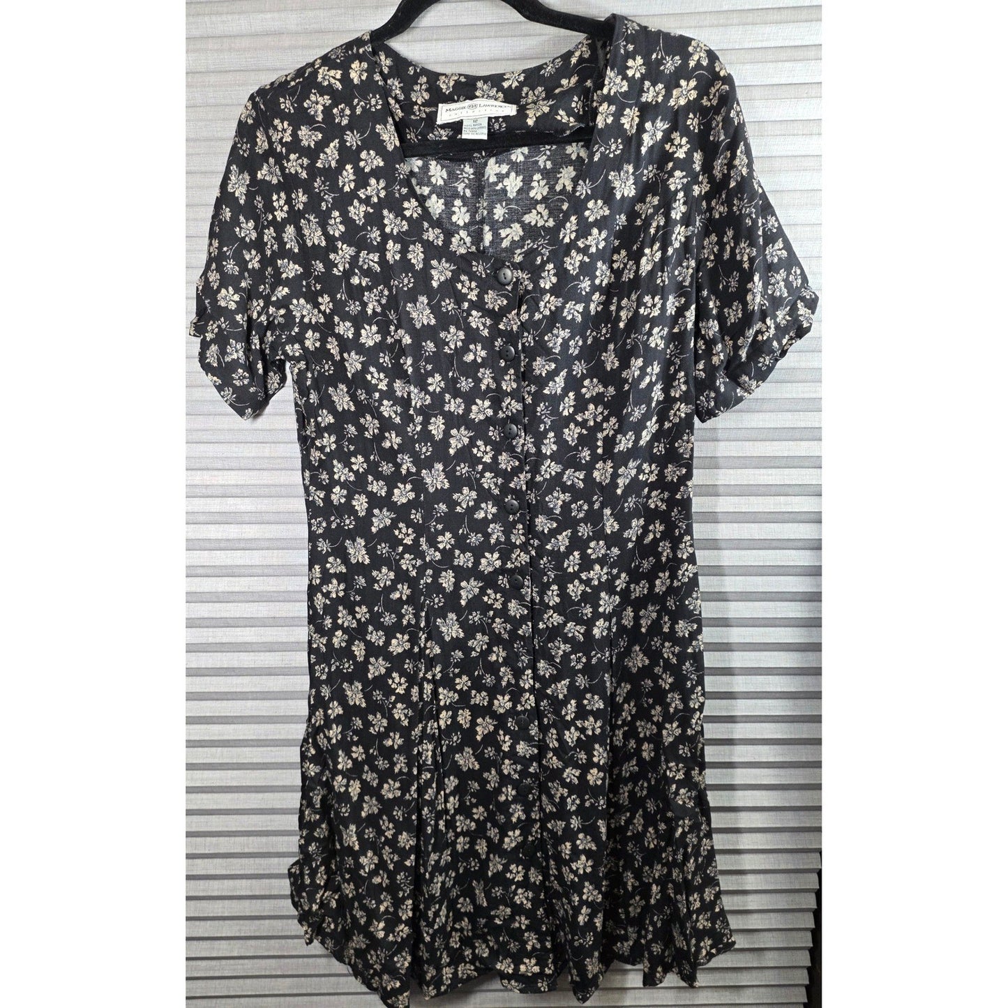 Vtg Maggie Lawrence Floral Button Front Dress Size 12 Black Khaki Rayon 90s
