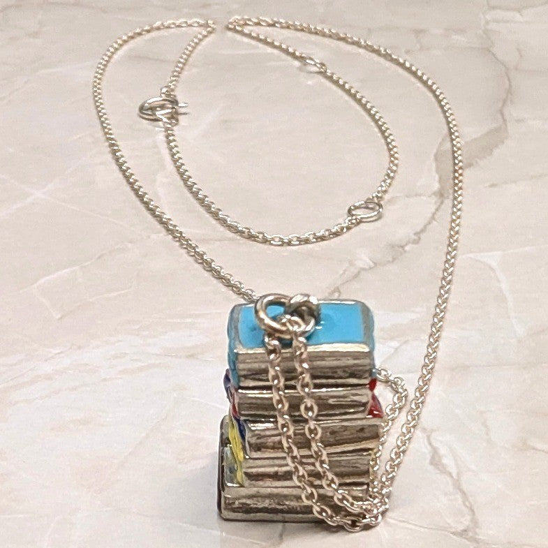 Vtg Real Sterling Silver 925 Stack of Books Pendant 20.75" Necklace Enamel Charm