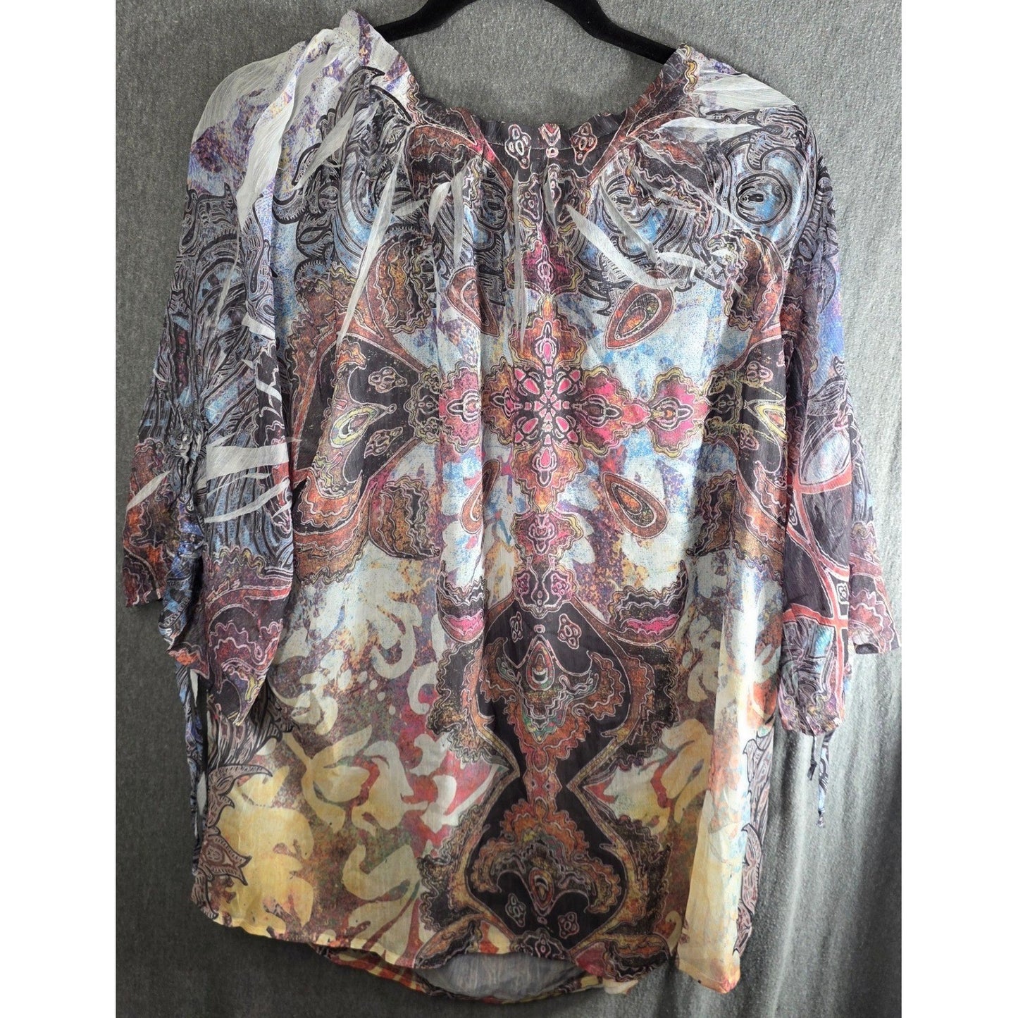 Energe World Wear Paisley Tunic Top Plus Size 1X Boho V-Neck Tie Chiffon Flowy