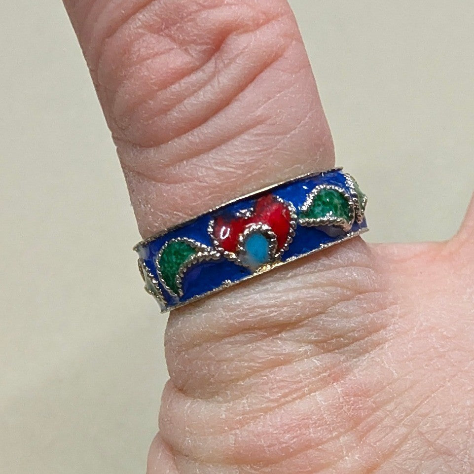 Vintage Cloisonne Enamel Inside Heart Band Ring Size 5.5 Blue Red Green Boho