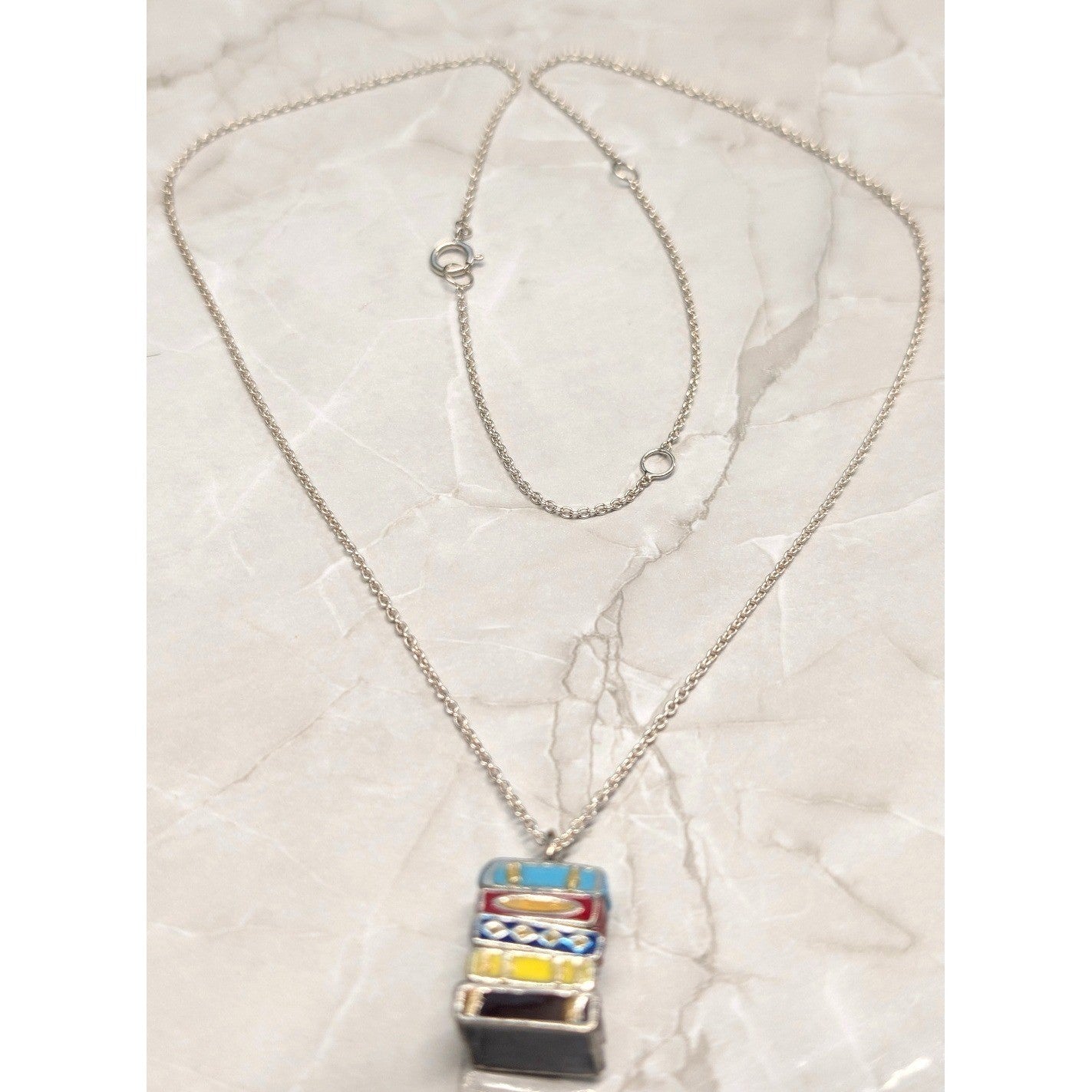 Vtg Real Sterling Silver 925 Stack of Books Pendant 20.75" Necklace Enamel Charm
