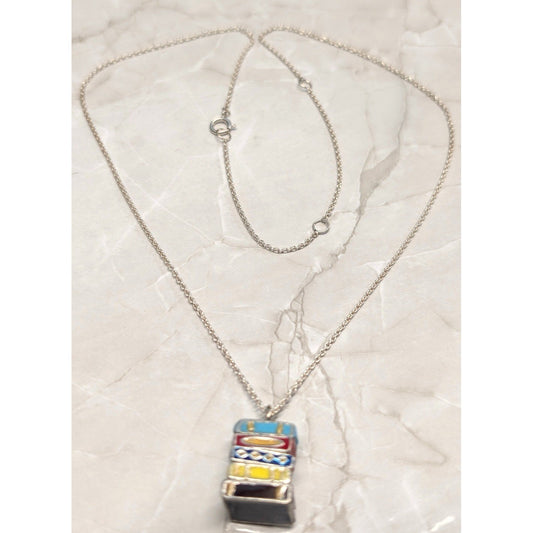 Vtg Real Sterling Silver 925 Stack of Books Pendant 20.75" Necklace Enamel Charm
