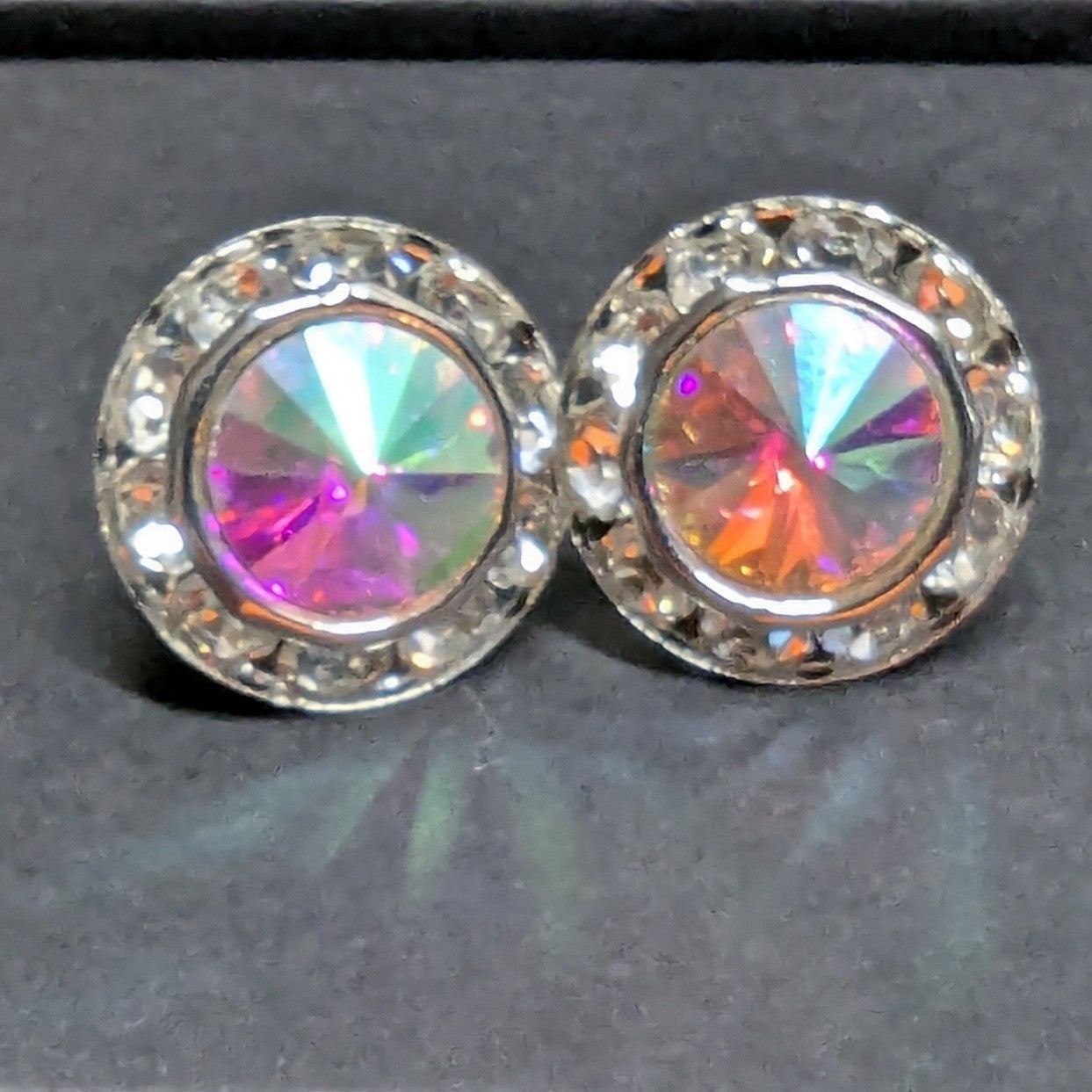 New Aurora Borealis AB Halo Rhinestones Clip On Earrings Silver PLated Wedding