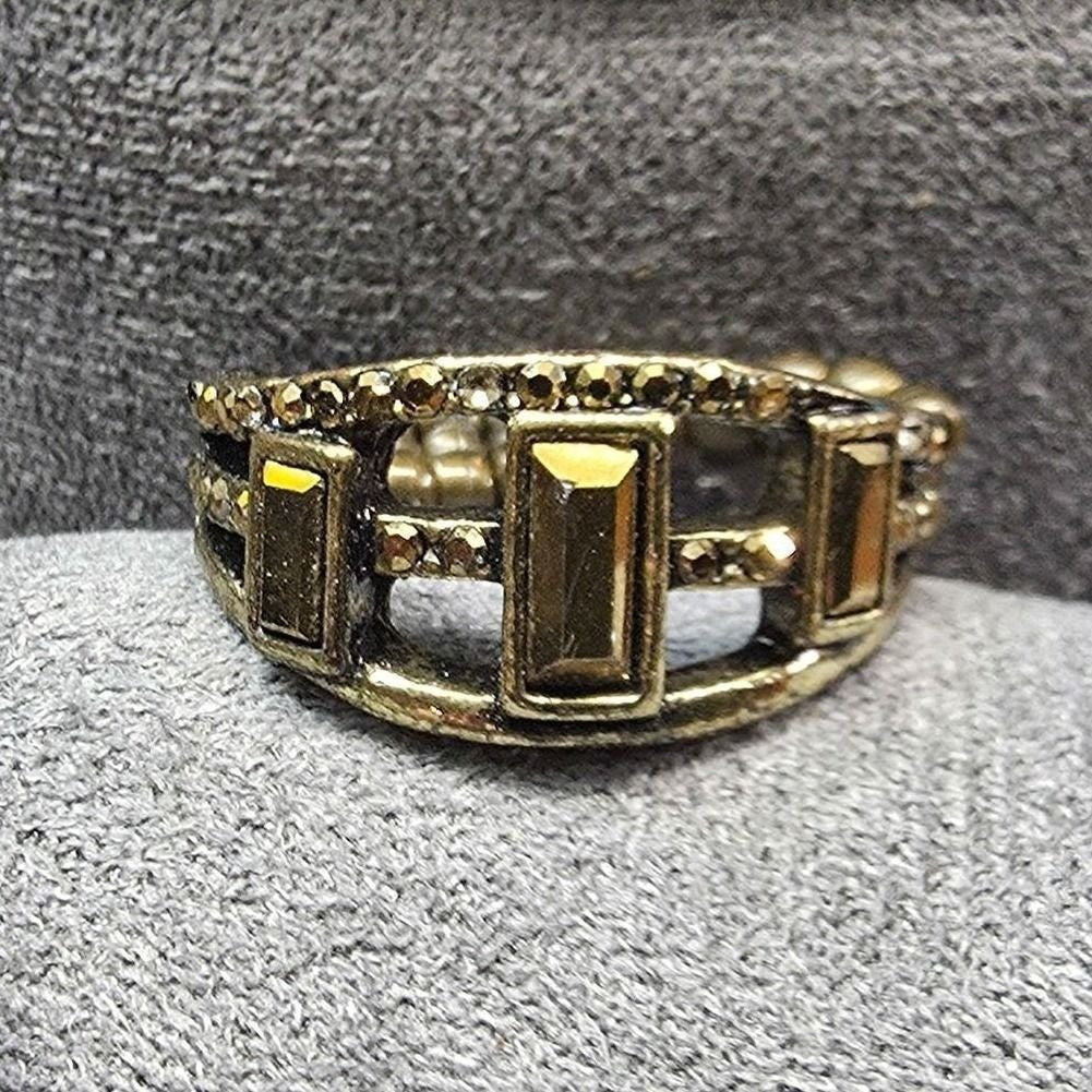 New Statement Stretch Band Ring Brass Smoky Topaz Color Rhinestones Multibar