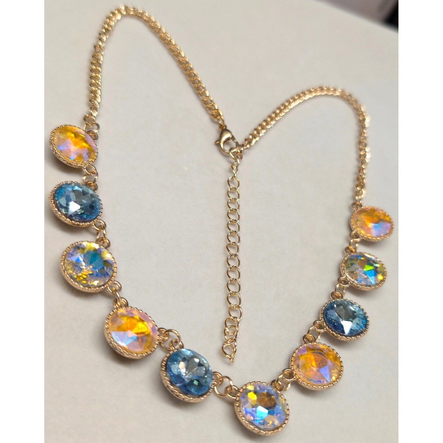 Statement 20" Necklace GoldTone Iridescent Blue Crystal AB Aurora Borealis