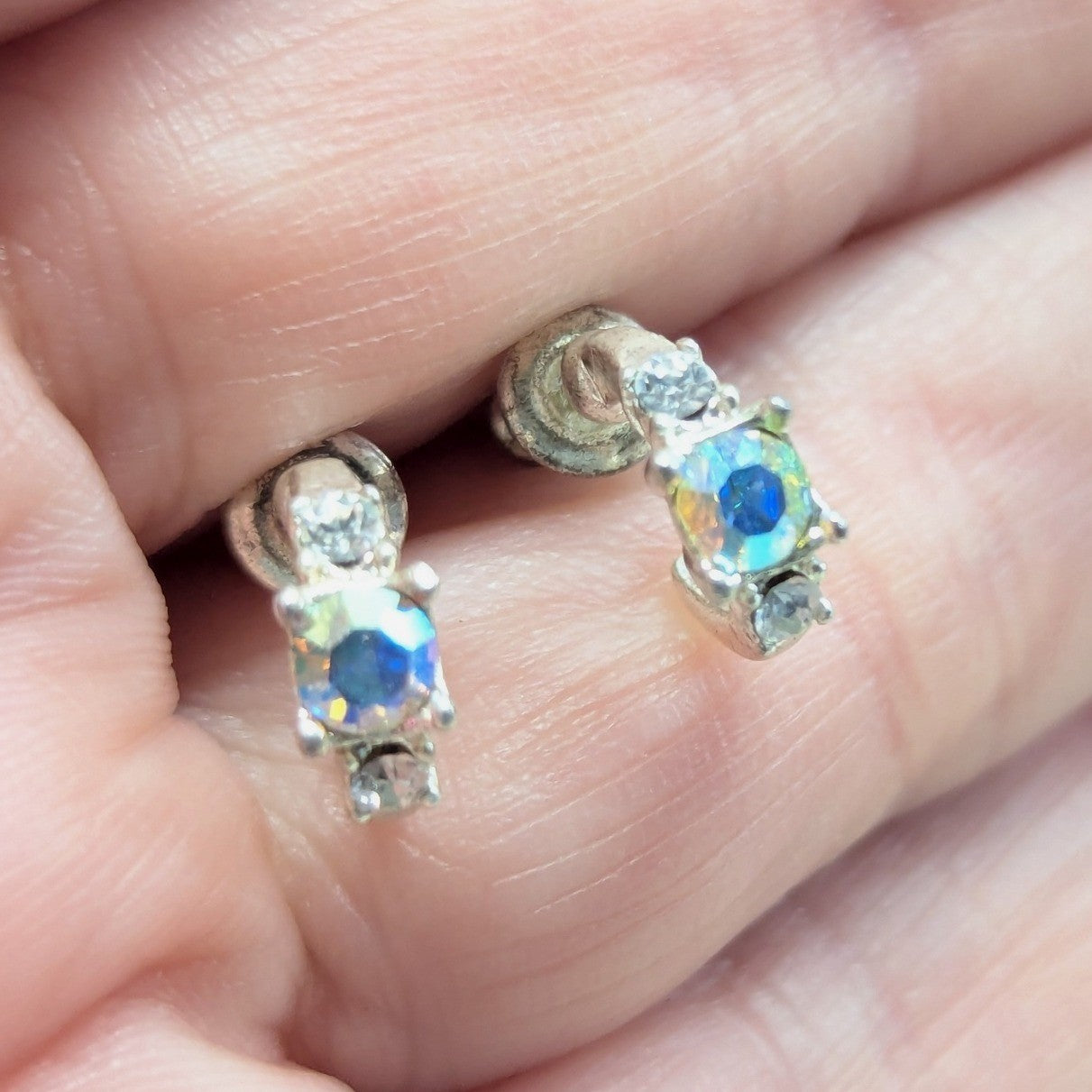 Vintage AB Crystal J Hoop Earrings Small Silver Tone Iridescent Rhinestones