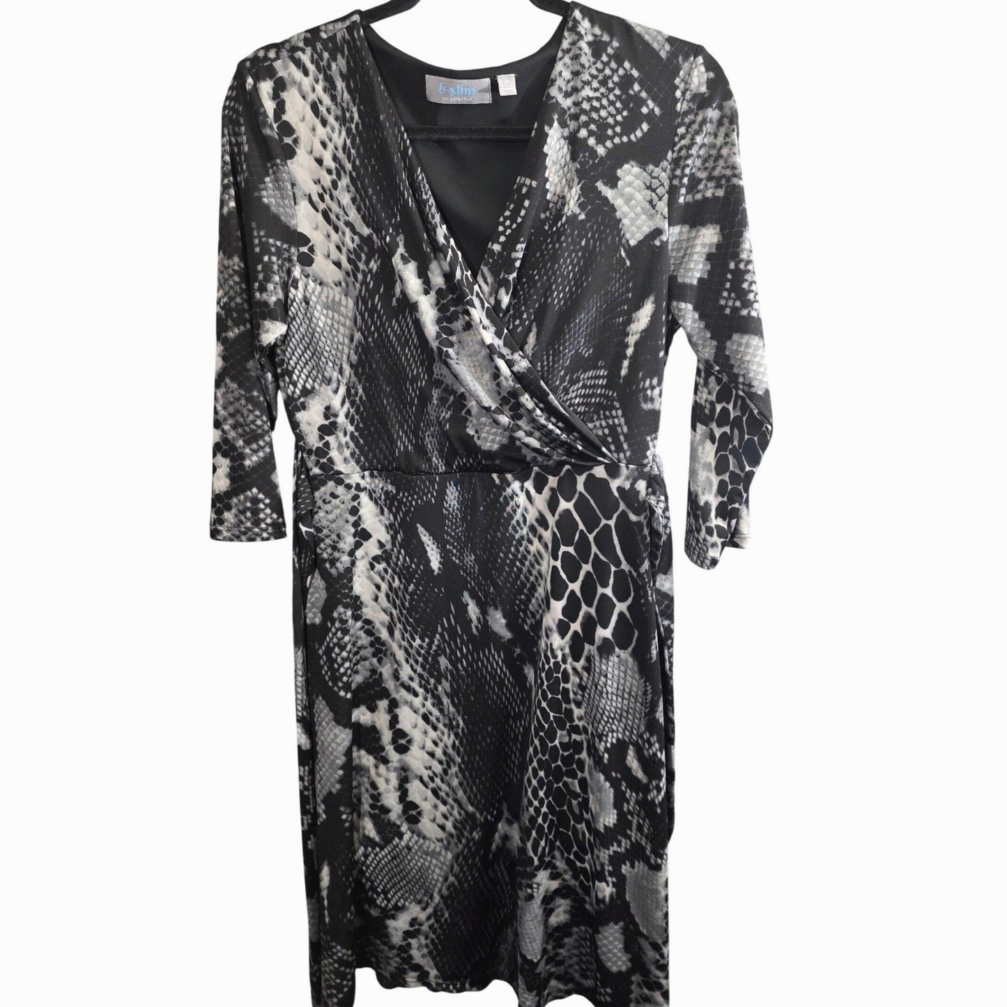 B-Slim B Slim by NY Collection Faux Wrap Dress Medium M Black Gray Snake Print