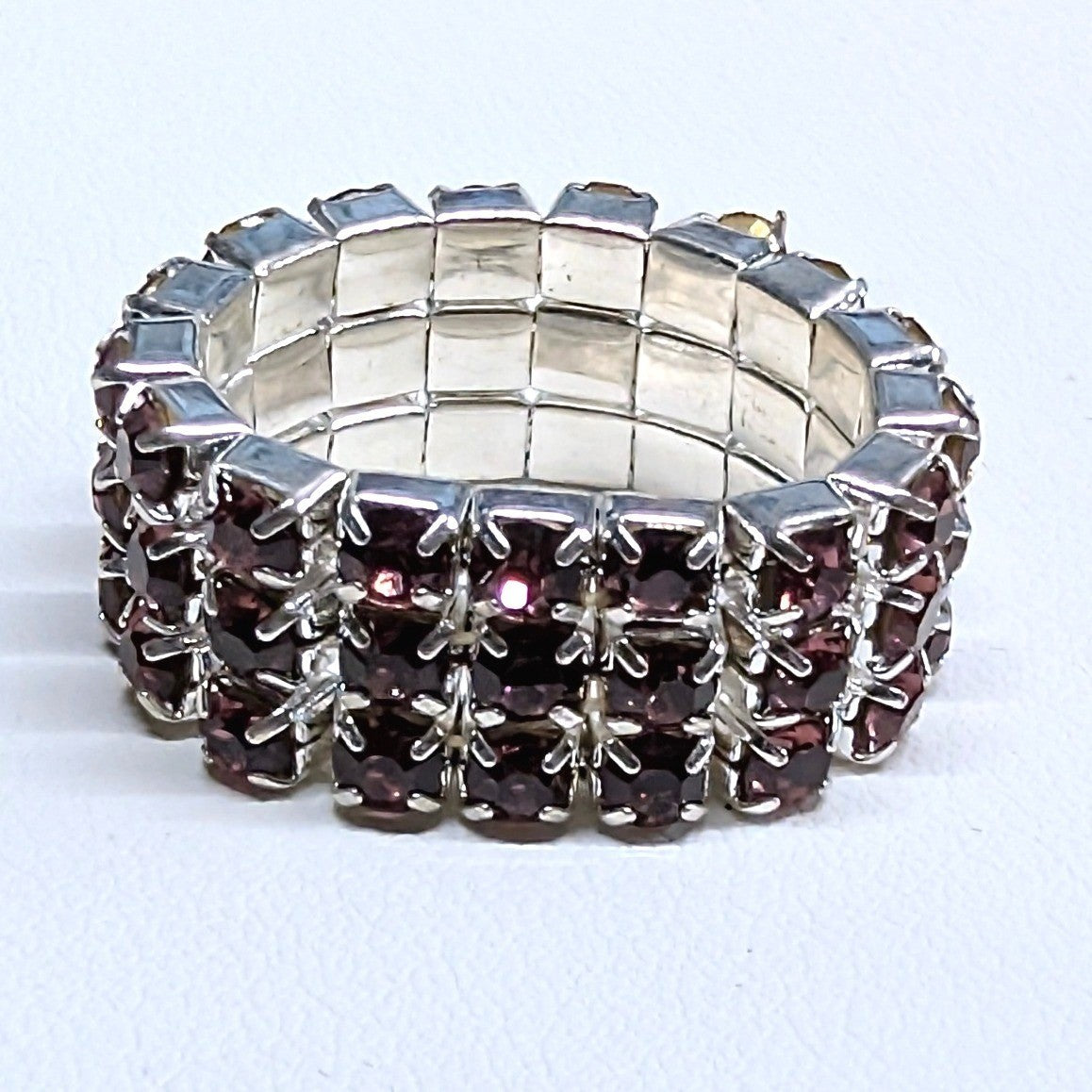 New Triple 3 Row Rhinestones Stretch Ring Pink Purple SilverTone Band Barbiecore