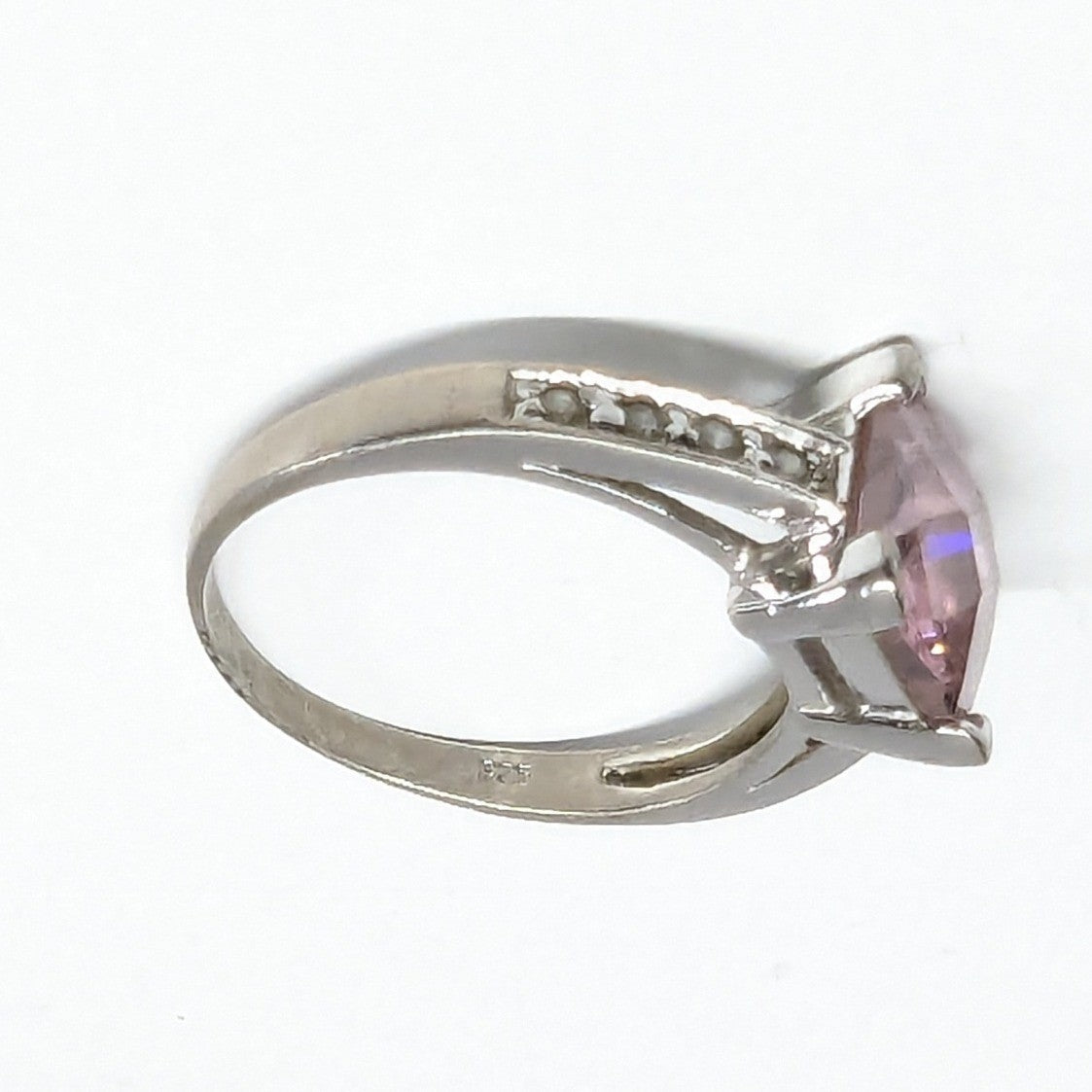 Sterling Silver 925 Pink Stone Ring Size 6.5 Square Cut Faceted Clear Rhinestone