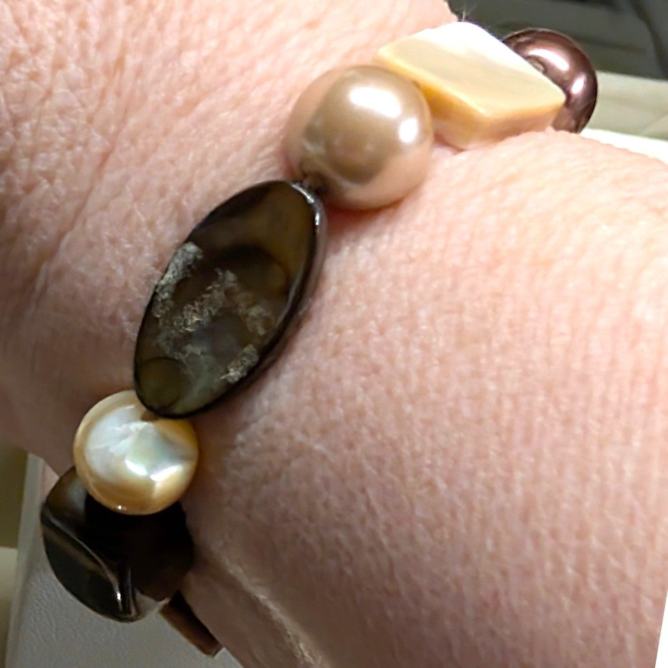 Vintage Tiger Eye Mother of Pearl Stretch Bracelet Brown Earthy Beaded Beads