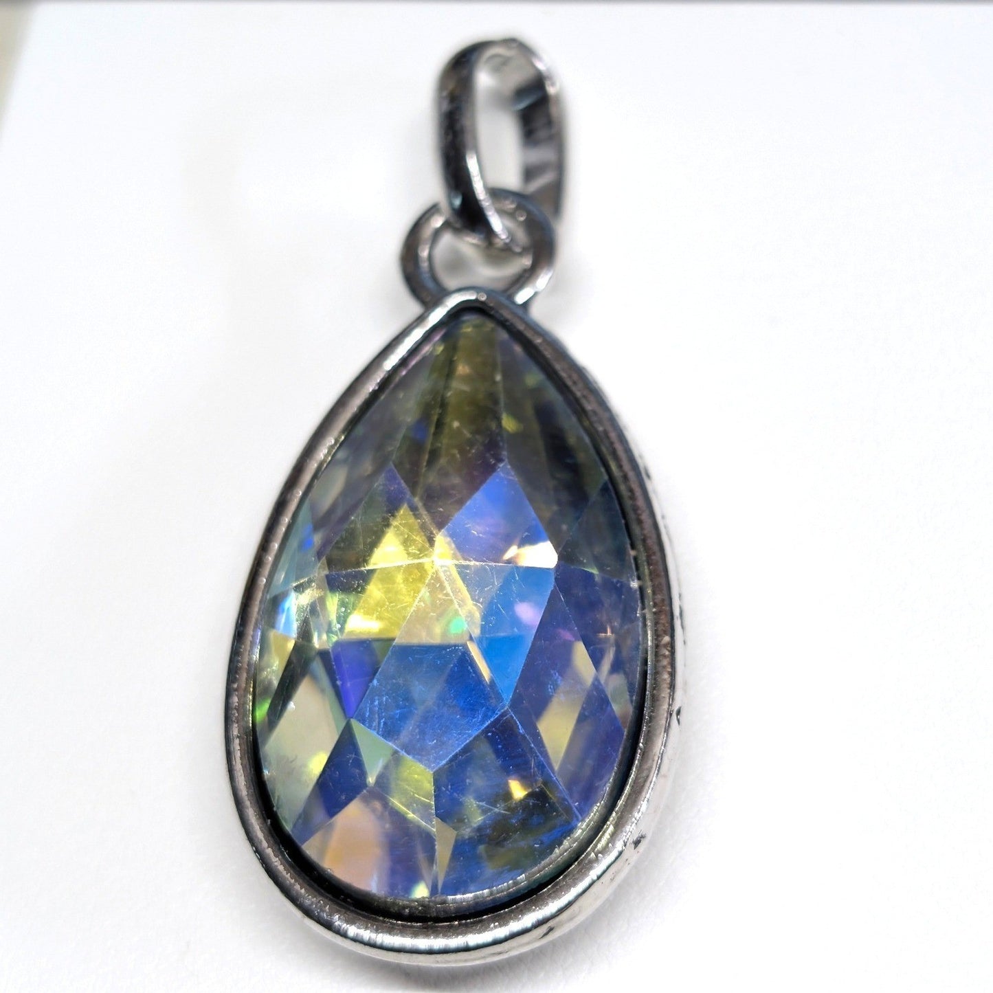 New 2.5 Inch Crystal Teardrop Pendant SilverTone Iridescent Aurora Borealis AB