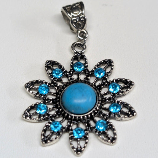 Vintage New Faux Turquoise Flower Pendant Teal Blue Silver Tone Rhinestone Boho
