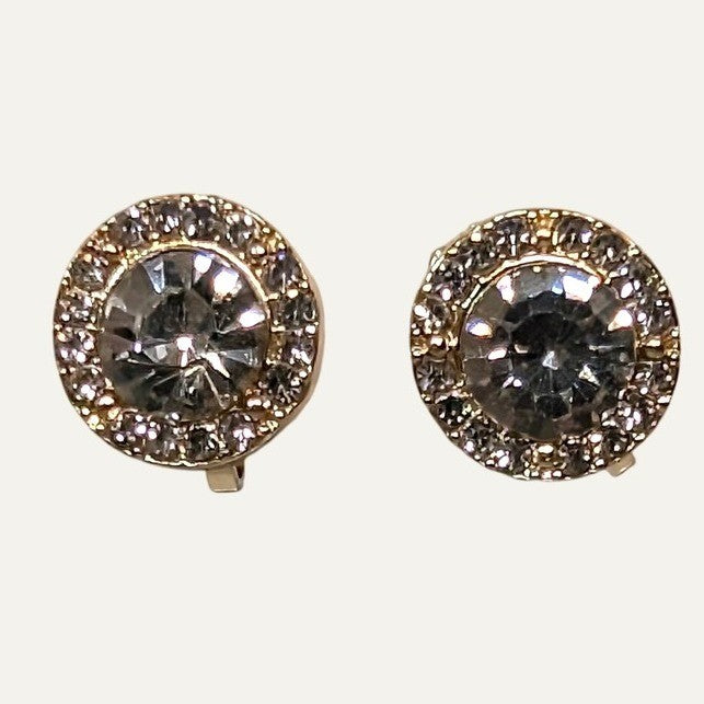 New Clip-On Earrings 14K GP Gold PLated Clear Rhinestone Halo Crystal Pave Round