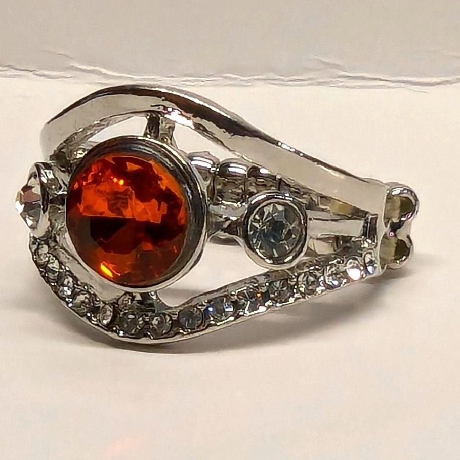 New Red Clear Rhinestones Statement Ring Silver Tone Stretch Band Plus Size