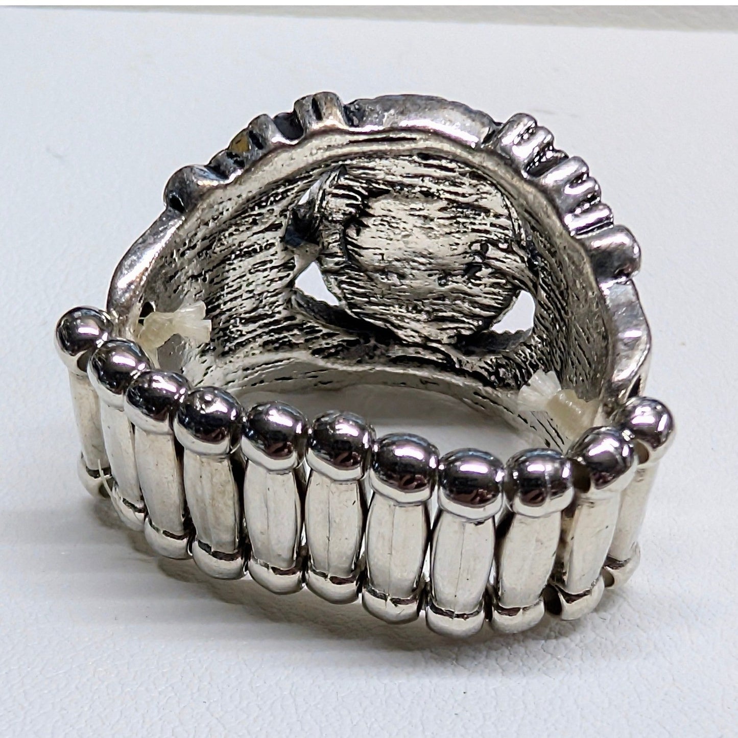 New Ring Red Black Silvertone Filigree Stretch Band Round Marbled Cabochon Stone
