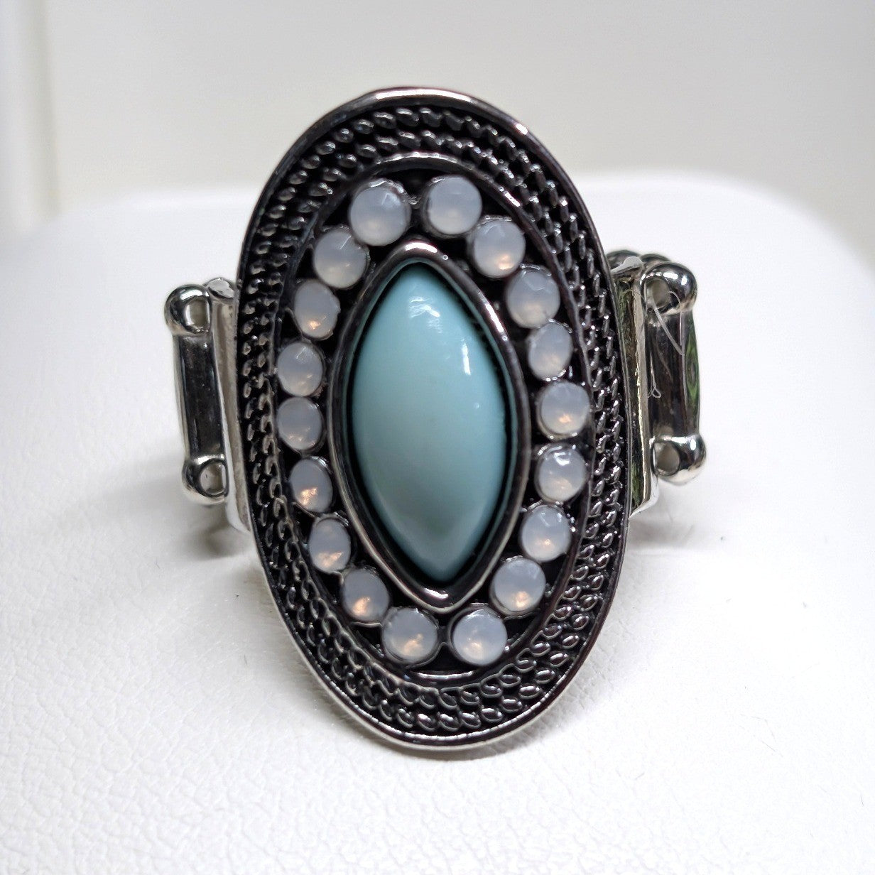 New Oval Turquoise Blue Stone White Halo Ring Silver Tone Stretch Band Boho OSFM