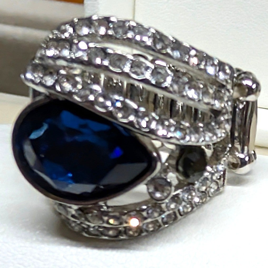 New Chunky Statement Ring Stretch Pear Blue TearDrop Stone Rhinestone SilverTone