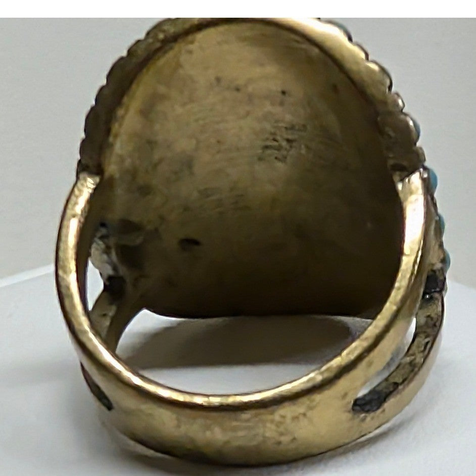 Vintage Statement Oval Turquoise Faux Stone Ring Size 6.5 Brass Tone Boho Ethnic