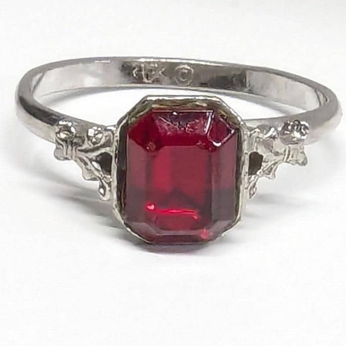 Vintage Uncas Faux Ruby Red Emerald Cut Ring Adjustable Silver Tone Filigree