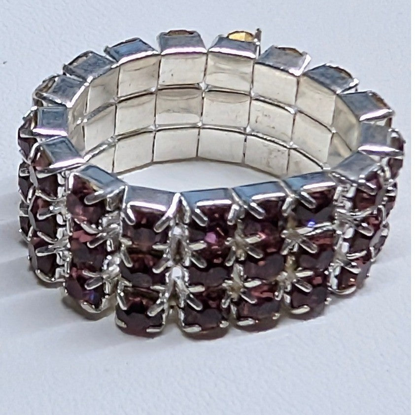 New Triple 3 Row Rhinestones Stretch Ring Pink Purple SilverTone Band Barbiecore