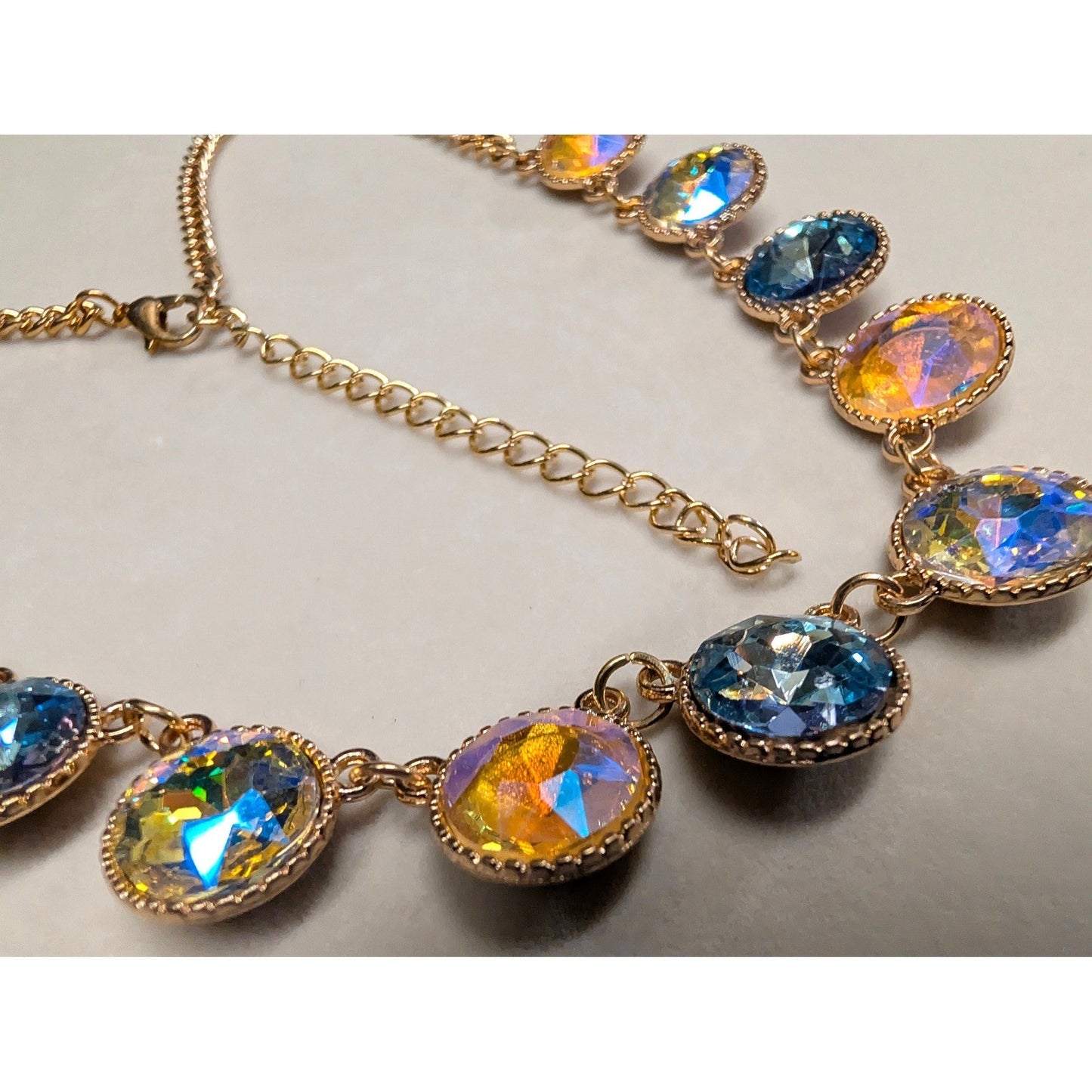 Statement 20" Necklace GoldTone Iridescent Blue Crystal AB Aurora Borealis