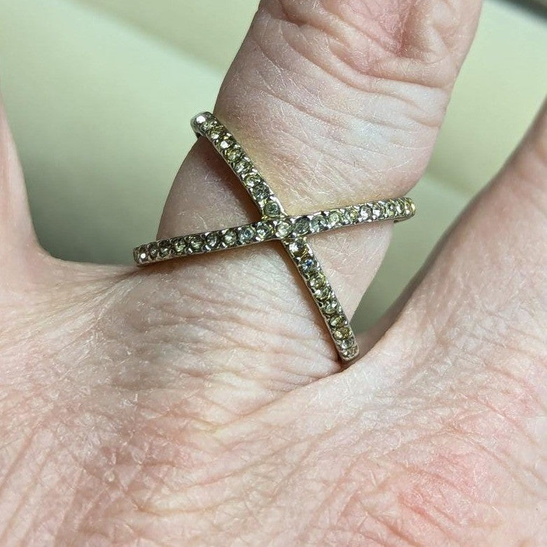 Clear Rhinestones Crystal X Ring Size 7 SilverTone Pave Criss Cross Crossover
