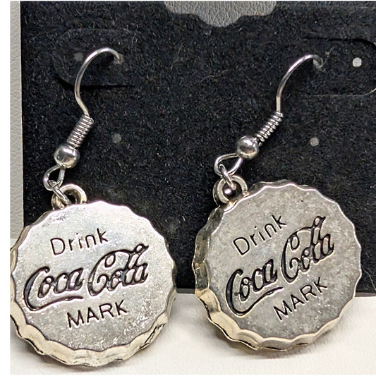 New Drink Coca-Cola Bottle Cap Dangle Earrings Silver Tone Soda Pop Memorabilia