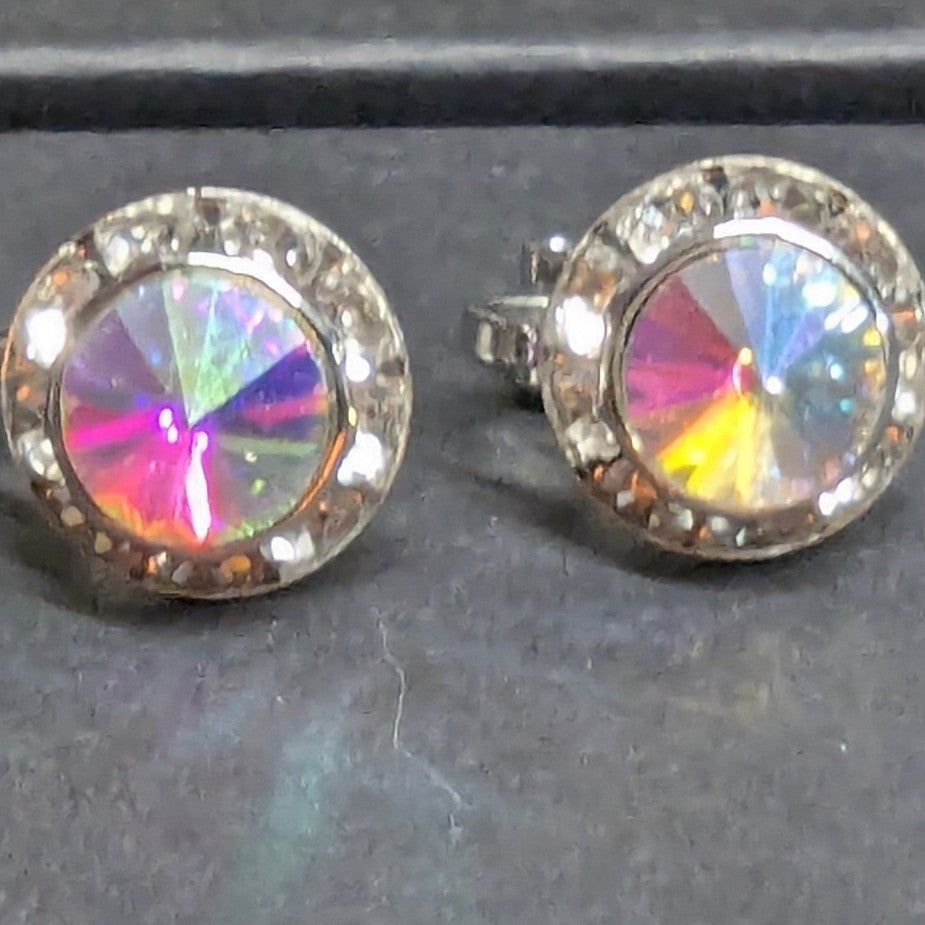 New Clip On Earrings Silver PLated Aurora Borealis AB Crystal Halo Round Wedding