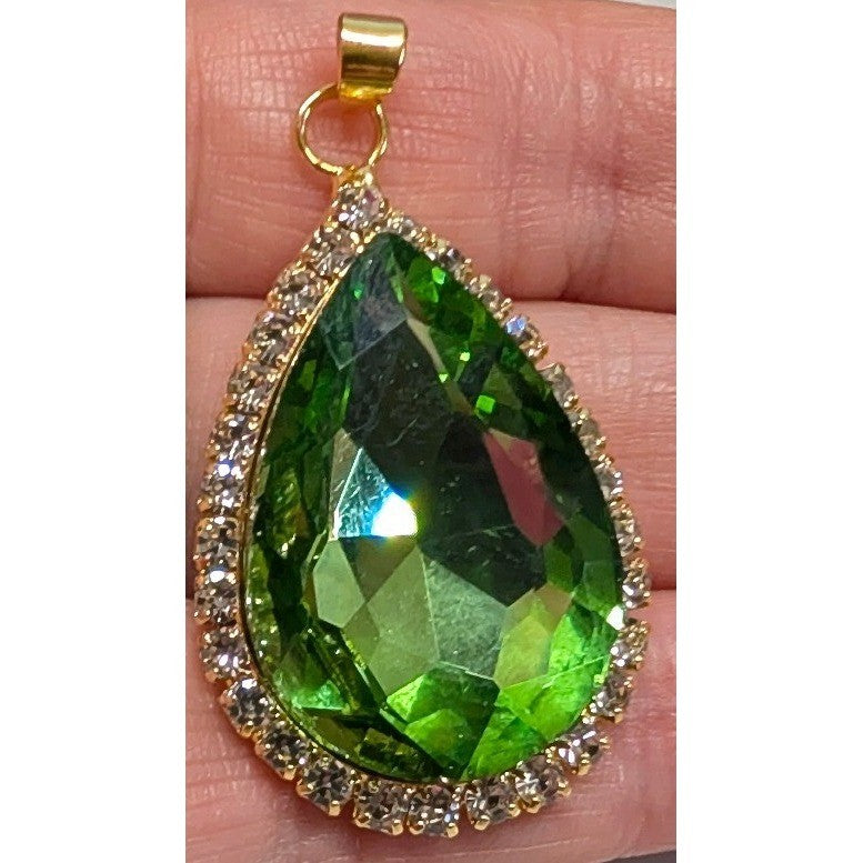 New 1.75" Pendant Peridot Green Gold Tone Clear Rhinestone Halo Teardrop Faceted