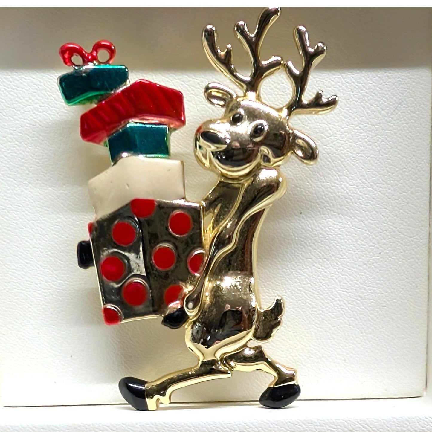 Vintage Danecraft Reindeer Gifts Brooch Pin Goldtone Red Green Enamel Holiday