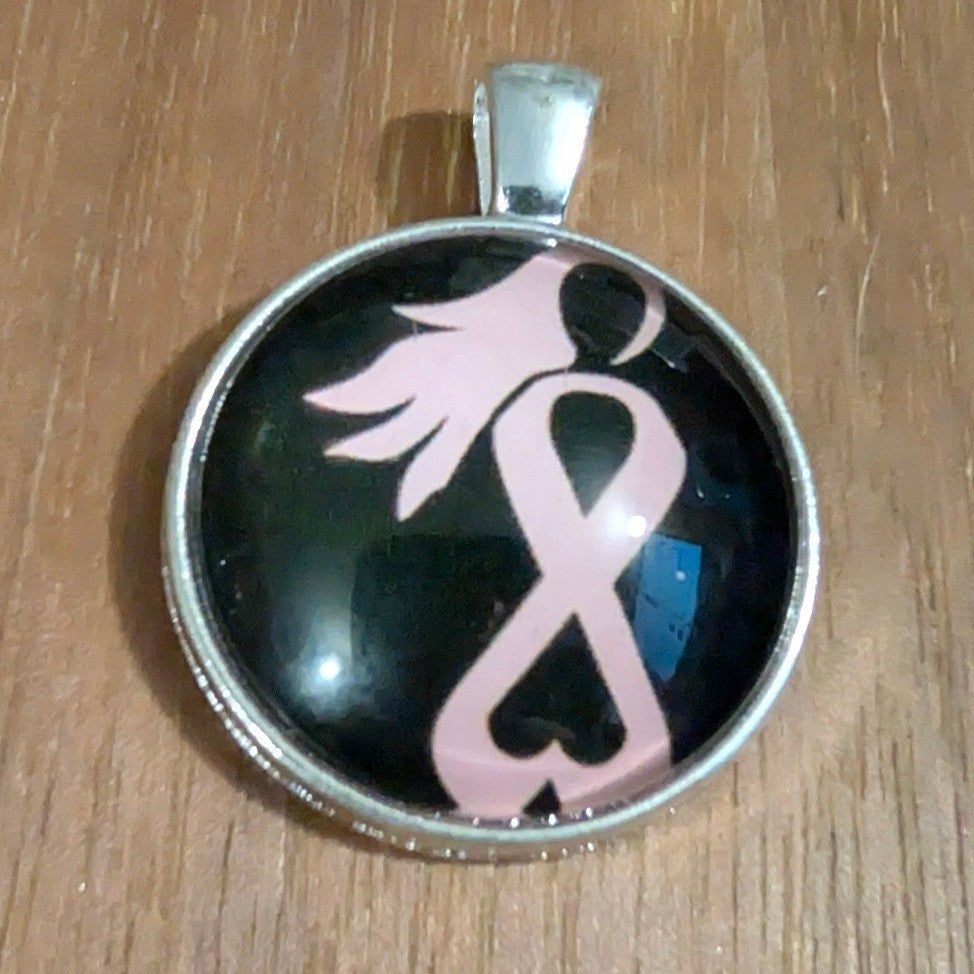 Vintage Breast Cancer Awareness Ribbon Angel Wing Pendant Pink Black Silver Tone