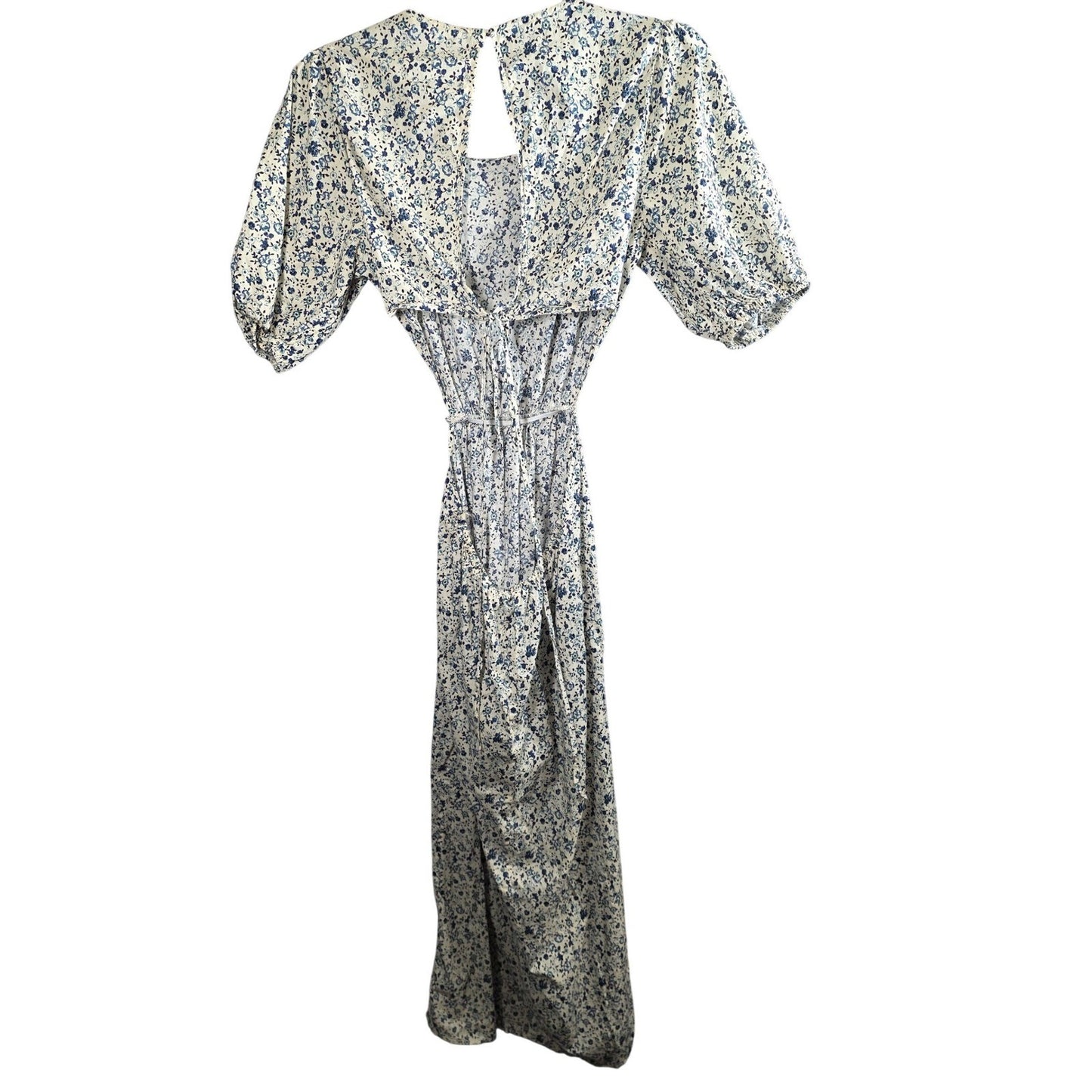 Lush Maxi Dress Floral Small S Cotton Blue White Cut Out Back Short Sleeves