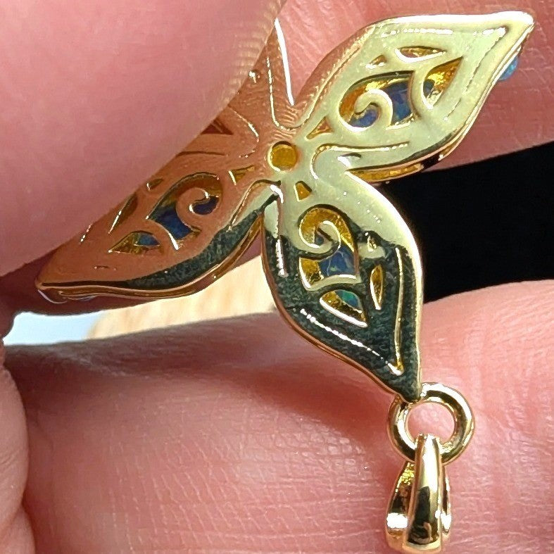 Blue Fire Lab Opal Cross Pendant 1.5 Inch 14K GP Gold PLated Marquise Filigree
