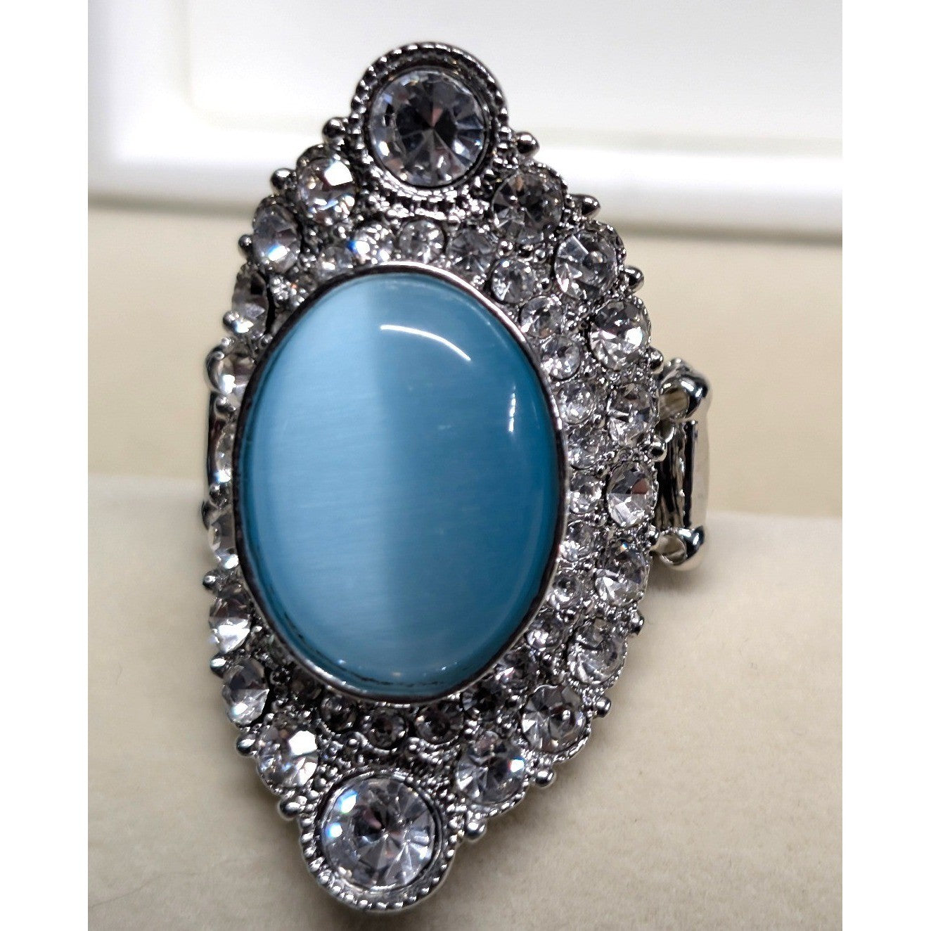 New Big Blue Faux Cat Eye Moonstone Rhinestone Statement Ring SilverTone Stretch