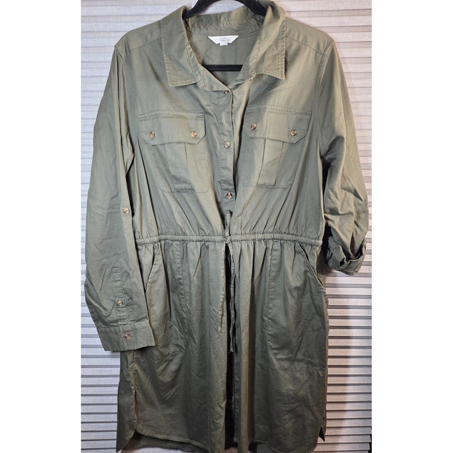 Time and Tru Button Down Shirt Dress PLus Size XXL 2X Roll Tab Olive Drab Green