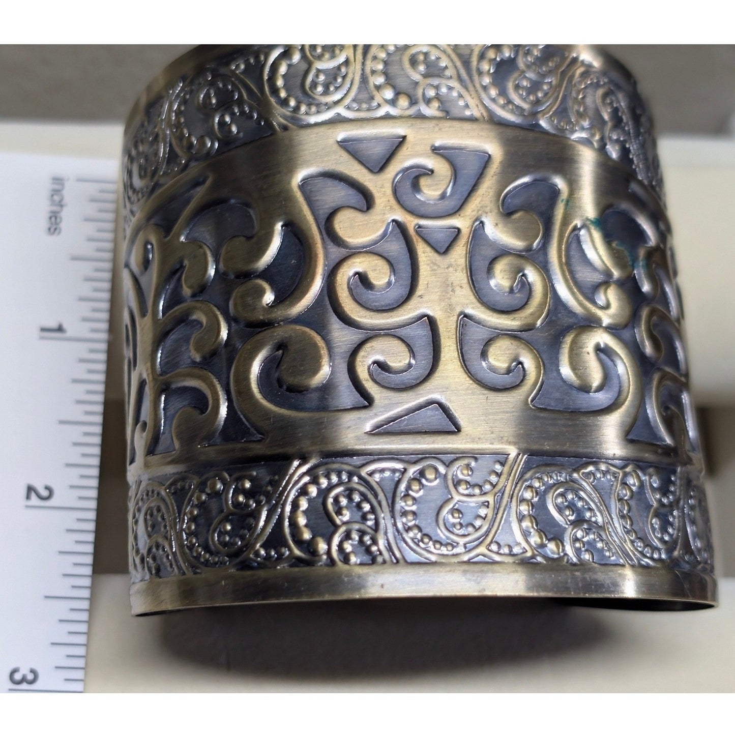 Vintage Ornate Filigree Cuff Bracelet Bronze Gold Silver Tones Mixed Metal Wide