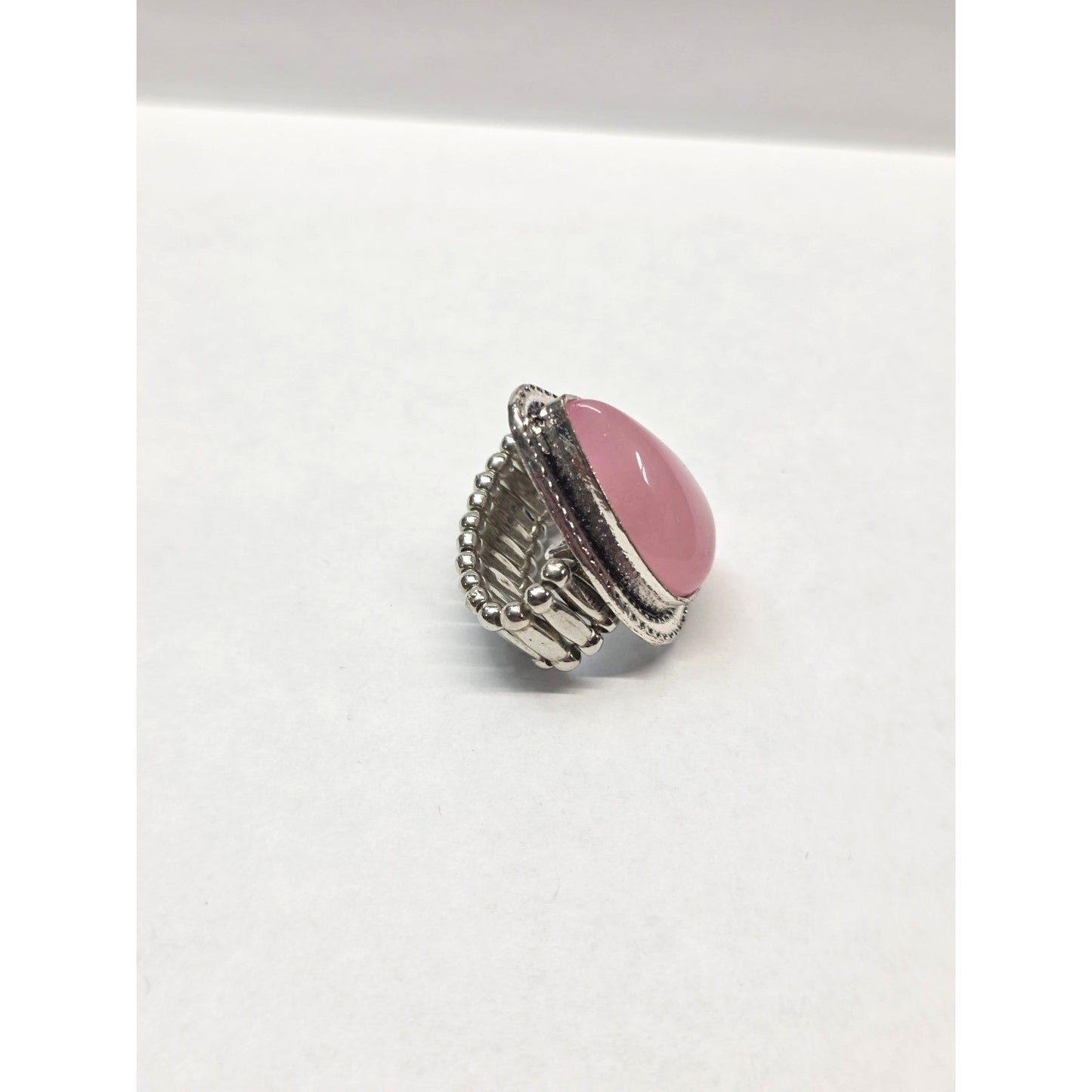New Cold Pink Tear Drop Pear Stone Statement Ring Silver Tone Stretch Band OSFM