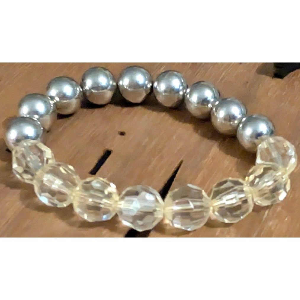 Beaded Stretch Bracelet Silver ToneMetal Clear Faceted Plastic Mixed Media Beads
