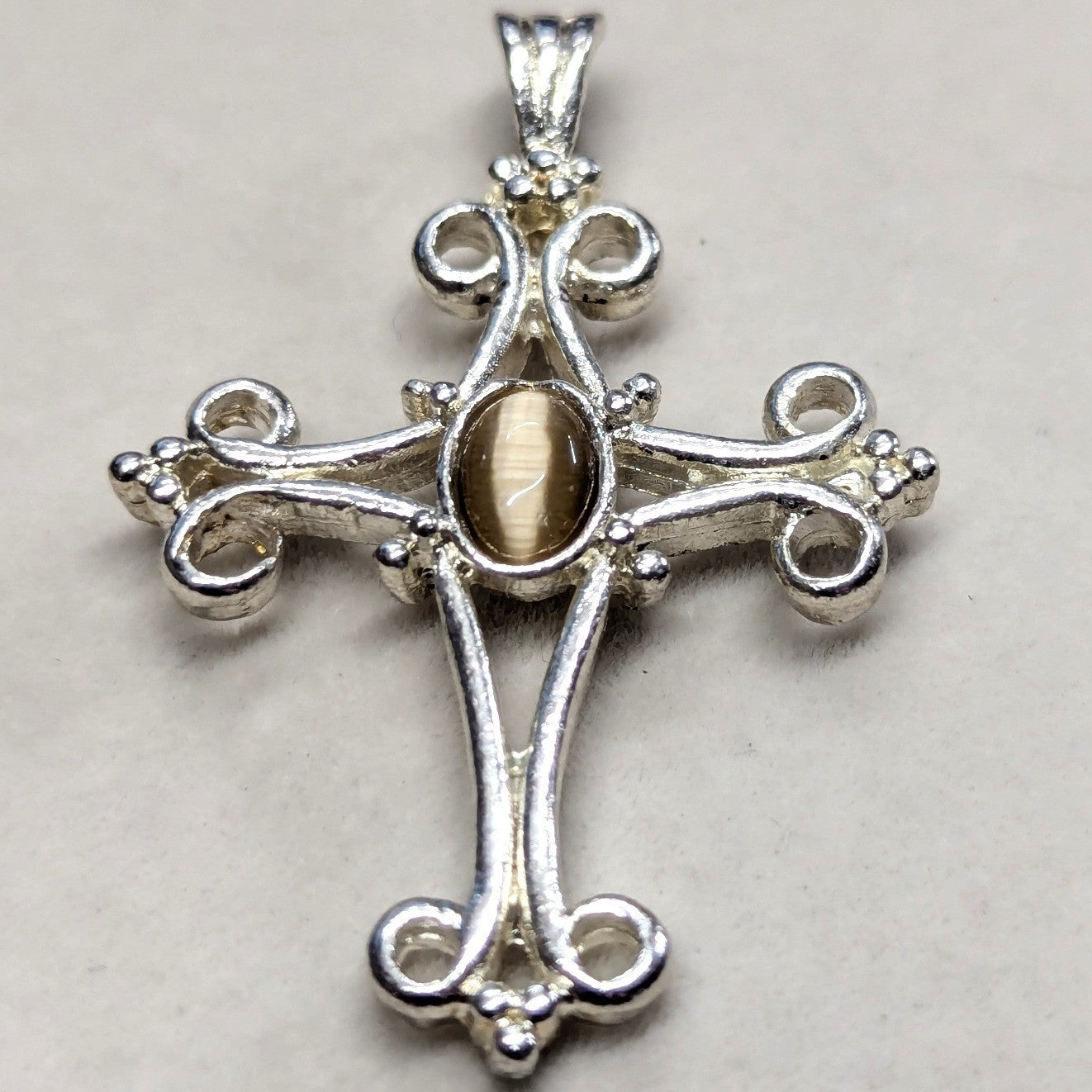 New Filigree Cross Pendant Silver Tone Cats Eye Ornate Charm Religious Jewelry