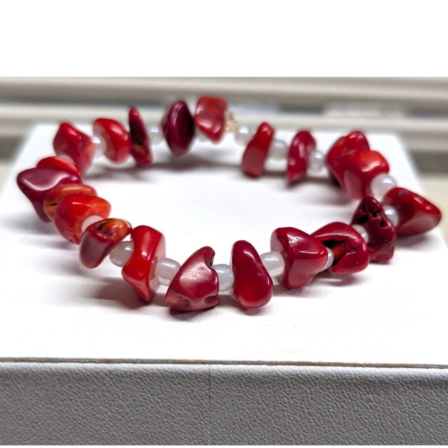 Red Coral ? Nugget Beaded Stretch Bracelet Boho Organic Natural Stone White Bead
