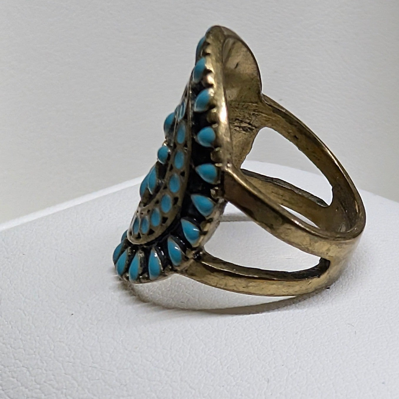 Vintage Statement Oval Turquoise Faux Stone Ring Size 6.5 Brass Tone Boho Ethnic