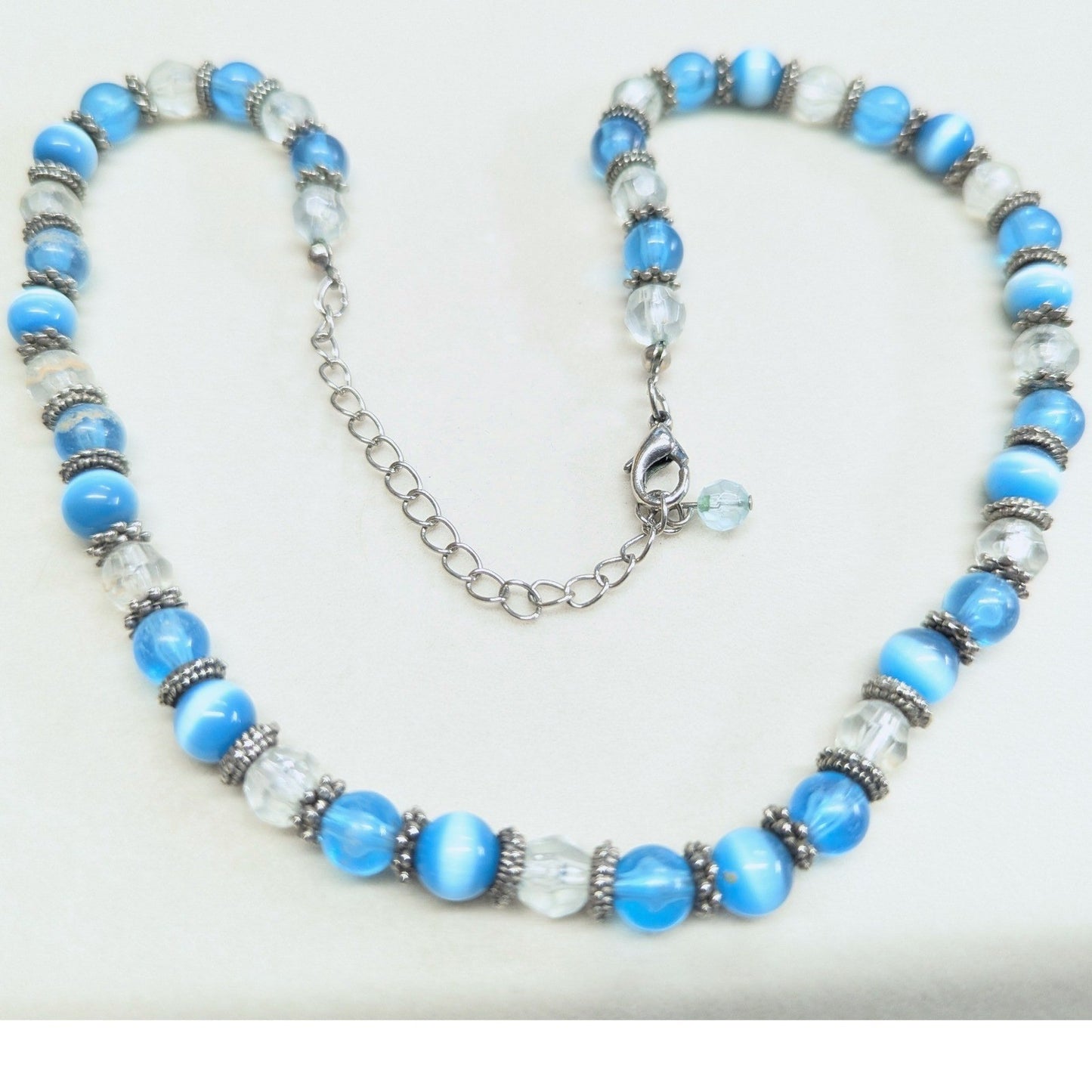 Vintage Beaded Necklace Blue Cats Eye Glass Silver Tone Boho Strand Clear Beads