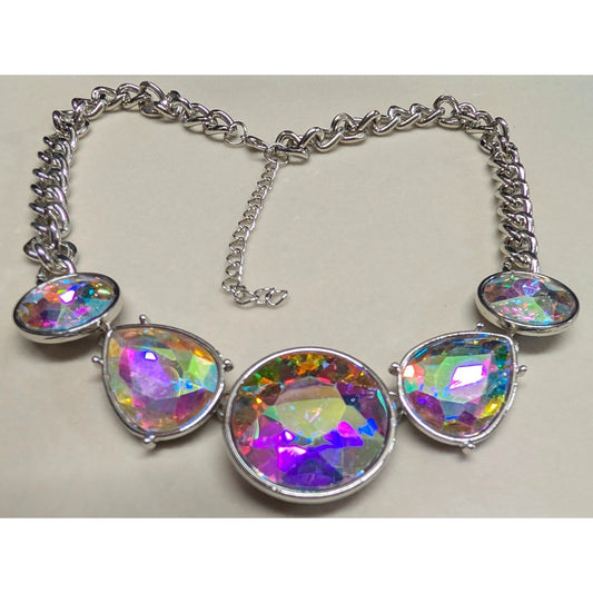 New Statement Bib Necklace SilverTone Iridescent AB Aurora Borealis Crystal Pink