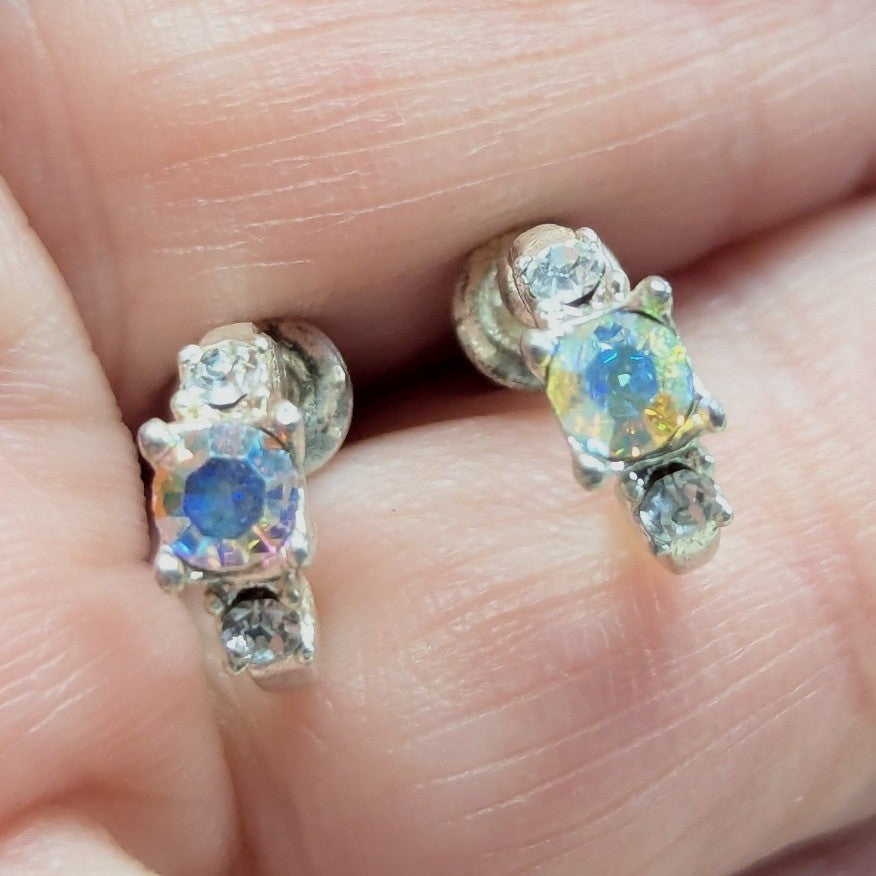 Vintage AB Crystal J Hoop Earrings Small Silver Tone Iridescent Rhinestones